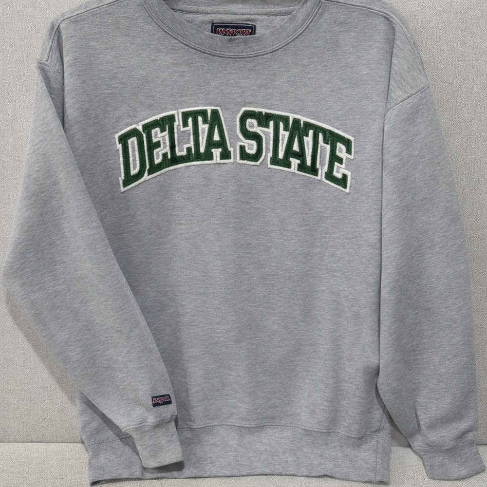 VTG Jansport embroidered spell out Delta State‎ Sweatshirt Mens L Gray Crewneck